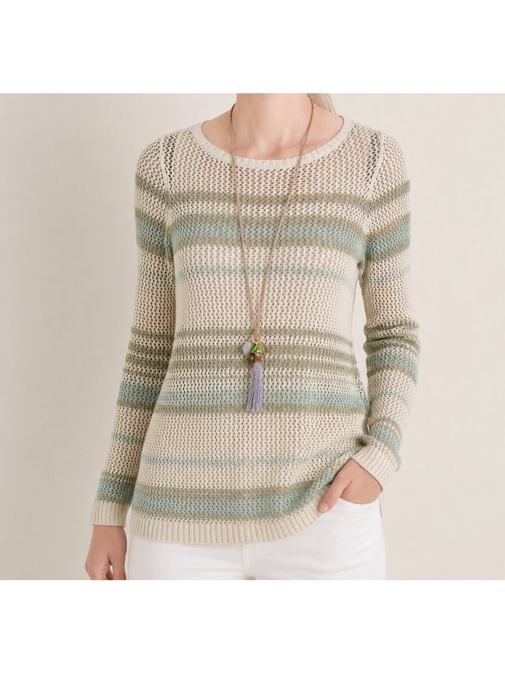 Chicos Open Knit Marlene Pullover Sweater Cream Green Striped Womens 4 US XXL